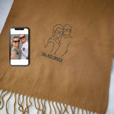 Custom Couple Photo Portrait Scarf, Personalised Line Art Embroidered Sketch Scarf, Comfy Winter Matching Scarves, Christmas Gift for Hubby