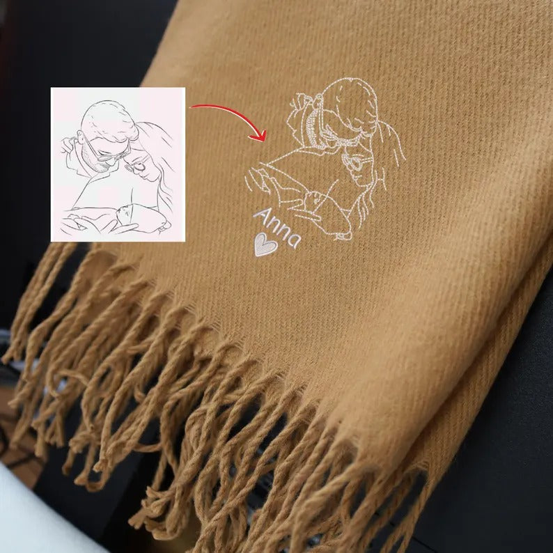 Custom Couple Photo Portrait Scarf, Personalised Line Art Embroidered Sketch Scarf, Comfy Winter Matching Scarves, Christmas Gift for Hubby