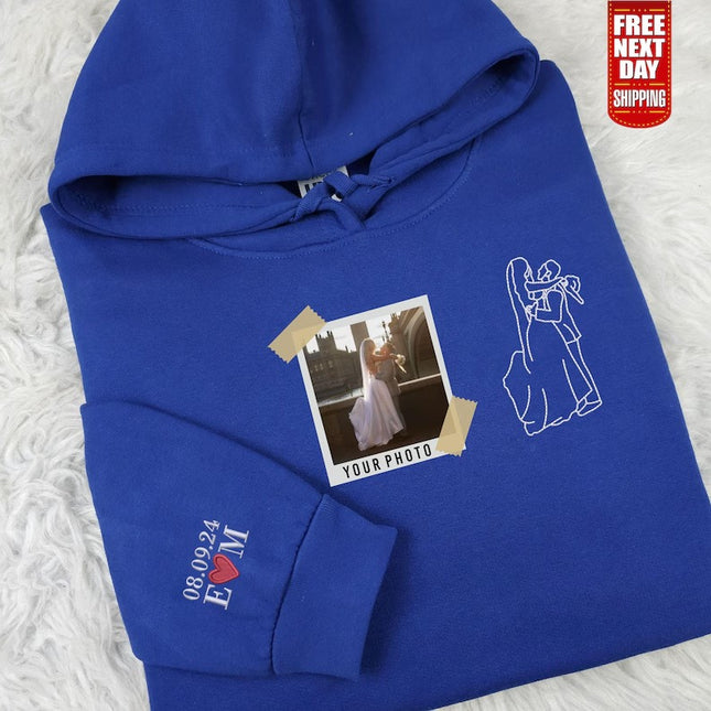 Embroidered Couple Portrait from Photo Hoodie, Custom Photo Line Art Sketch Hoodie