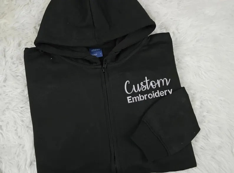 Embroidered Text/Logo Zip up Hoodie, Personalised Business Design Jumpers, Custom Team Logo Full Zip Hoody, Customised Comfy Adults Hoodie