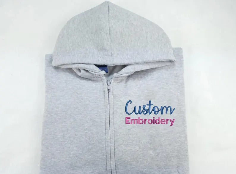 Embroidered Text/Logo Zip up Hoodie, Personalised Business Design Jumpers, Custom Team Logo Full Zip Hoody, Customised Comfy Adults Hoodie