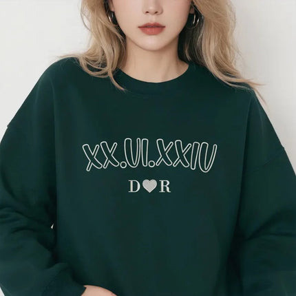 Roman Numeral Matching Sweatshirt, Embroidered Couple Anniversary Date Jumper