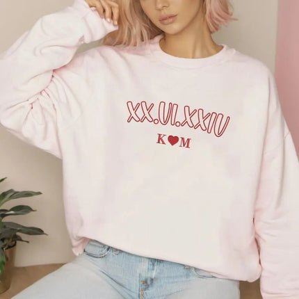 Roman Numeral Matching Sweatshirt, Embroidered Couple Anniversary Date Jumper