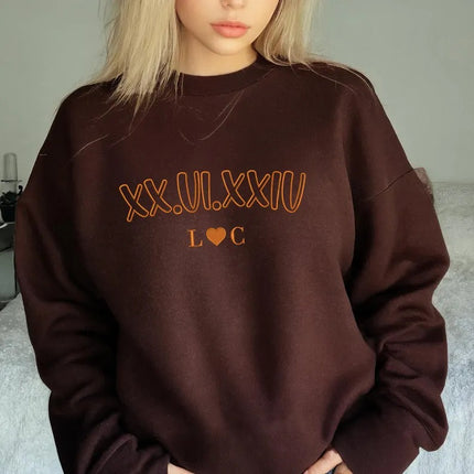 Roman Numeral Matching Sweatshirt, Embroidered Couple Anniversary Date Jumper