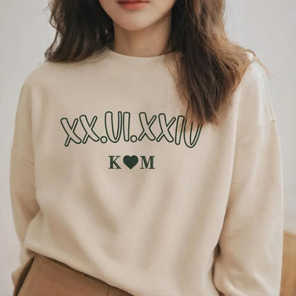 Roman Numeral Matching Sweatshirt, Embroidered Couple Anniversary Date Jumper