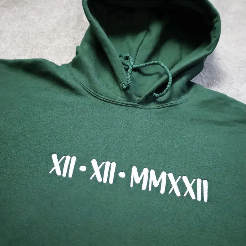 Custom Embroidered Roman Numeral Hoodie, Wedding Date Couple Matching Hoody, Personalised Bride To Be Jumper, Anniversary Gift for Boyfriend