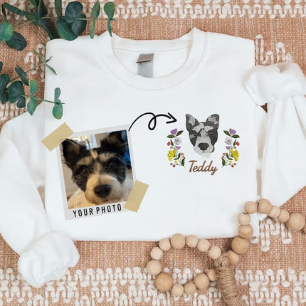 Custom Embroidered Dog Face Sweatshirt, Pet Portrait from Photo Jumper with Name, Personalised Pet Lover Sweatshirt, Memorial Christmas Gift