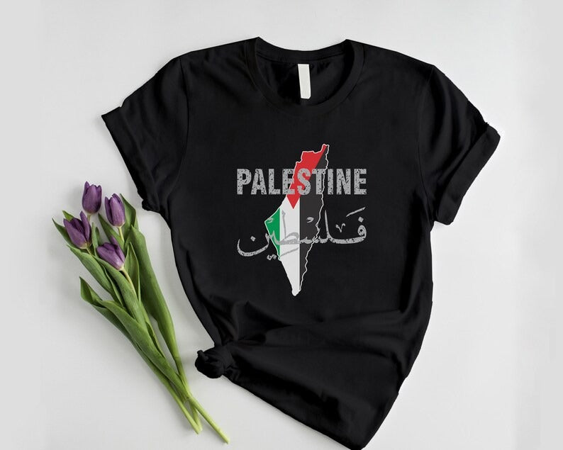 Palestine Name Flag T-Shirt, Palestine Arabic Calligraphy Shirt, Palestinians Muslims Map Printed Tees, Comfy Adults Tops