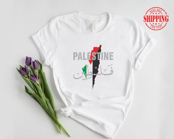 Palestine Name Flag T-Shirt, Palestine Arabic Calligraphy Shirt, Palestinians Muslims Map Printed Tees, Comfy Adults Tops