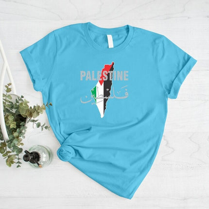 Palestine Name Flag T-Shirt, Palestine Arabic Calligraphy Shirt, Palestinians Muslims Map Printed Tees, Comfy Adults Tops