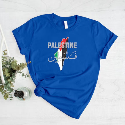 Palestine Name Flag T-Shirt, Palestine Arabic Calligraphy Shirt, Palestinians Muslims Map Printed Tees, Comfy Adults Tops