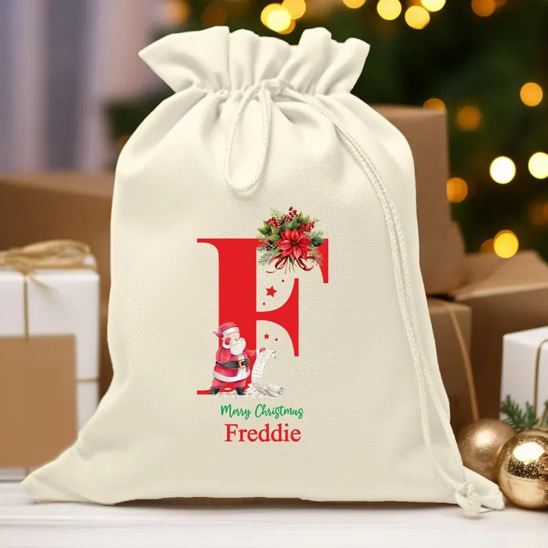 Personalised Christmas Sack, Custom Name & Initial Santa Christmas Sack, Monogrammed Christmas Toy Sack, Bag for Kids, First Christmas Gift