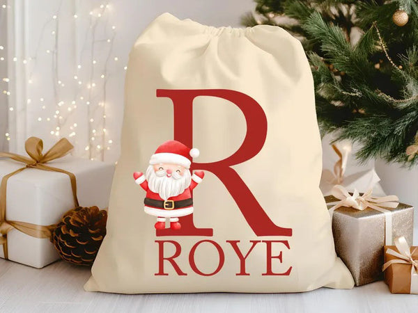 Personalised Christmas Santa Sack, Custom Name and Initial Monogram Sack, Christmas Holiday Toy Printed Sack, Xmas Santa Gift Bags for Kids