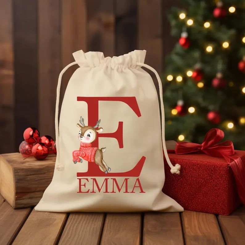 Personalised Christmas Santa Sack, Custom Name and Initial Monogram Sack, Christmas Holiday Toy Printed Sack, Xmas Santa Gift Bags for Kids