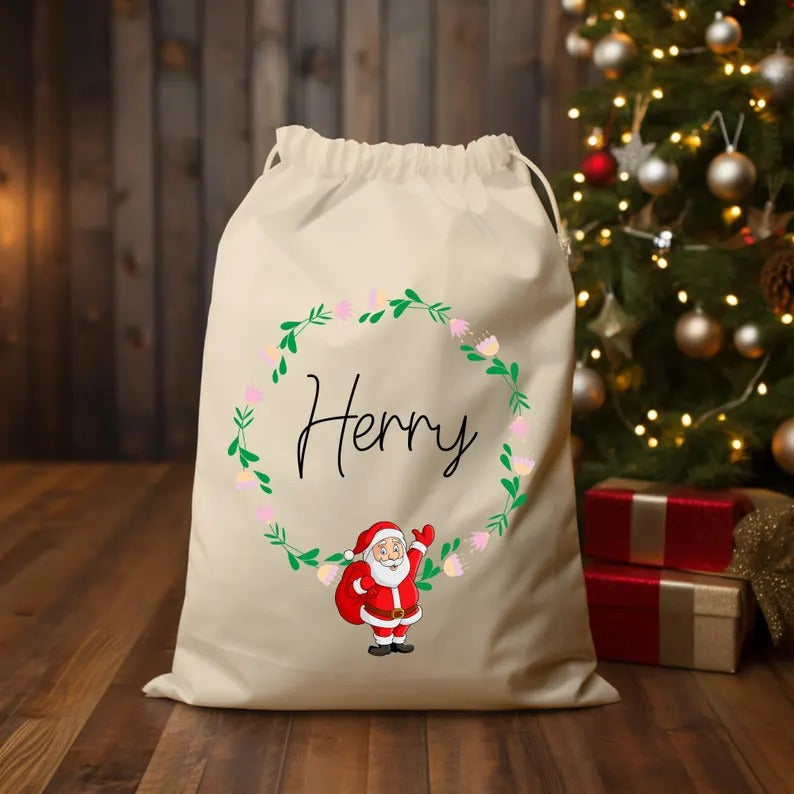 Custom Name Printed Christmas Sack, Personalised Monogrammed Santa Xmas Sacks, Christmas Santa Toy Sack for Kids, Xmas Holiday Decoration