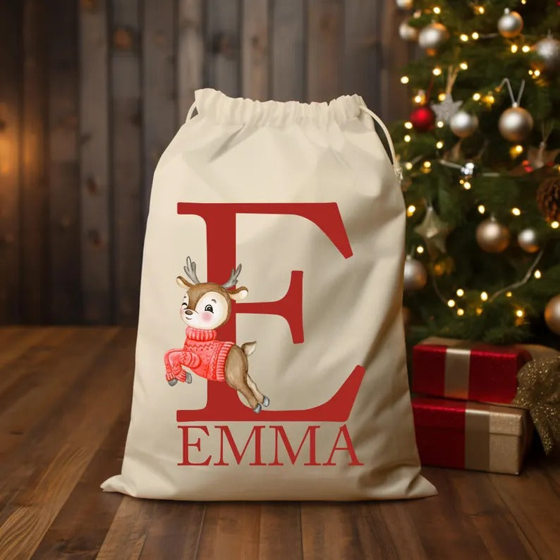 Personalised Christmas Santa Sack, Custom Name and Initial Monogram Sack, Christmas Holiday Toy Printed Sack, Xmas Santa Gift Bags for Kids