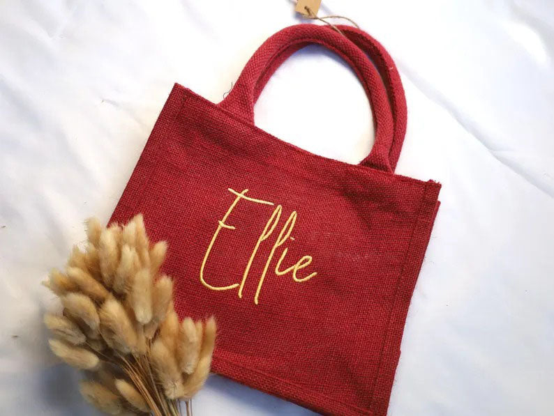 Custom Christmas Gifts Tote Bag, Personalised Name Embroidered Red Xmas Bag, Monogram Xmas Party Burlap Tote Bag, Christmas Holiday Gift Bag