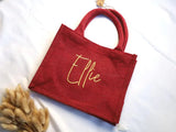 Custom Christmas Gifts Tote Bag, Personalised Name Embroidered Red Xmas Bag, Monogram Xmas Party Burlap Tote Bag, Christmas Holiday Gift Bag