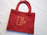 Custom Christmas Gifts Tote Bag, Personalised Name Embroidered Red Xmas Bag, Monogram Xmas Party Burlap Tote Bag, Christmas Holiday Gift Bag