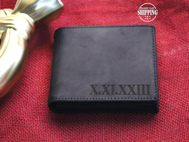 Custom Engraved Leather Men Wallet, Personalised Roman Numeral Date Wallet