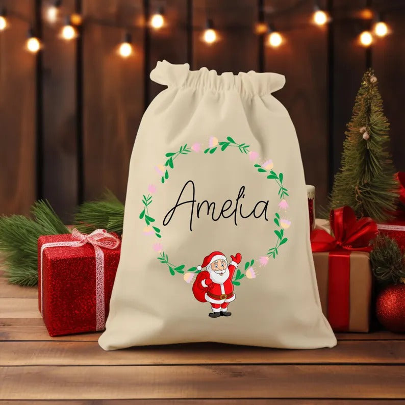 Custom Name Printed Christmas Sack, Personalised Monogrammed Santa Xmas Sacks, Christmas Santa Toy Sack for Kids, Xmas Holiday Decoration