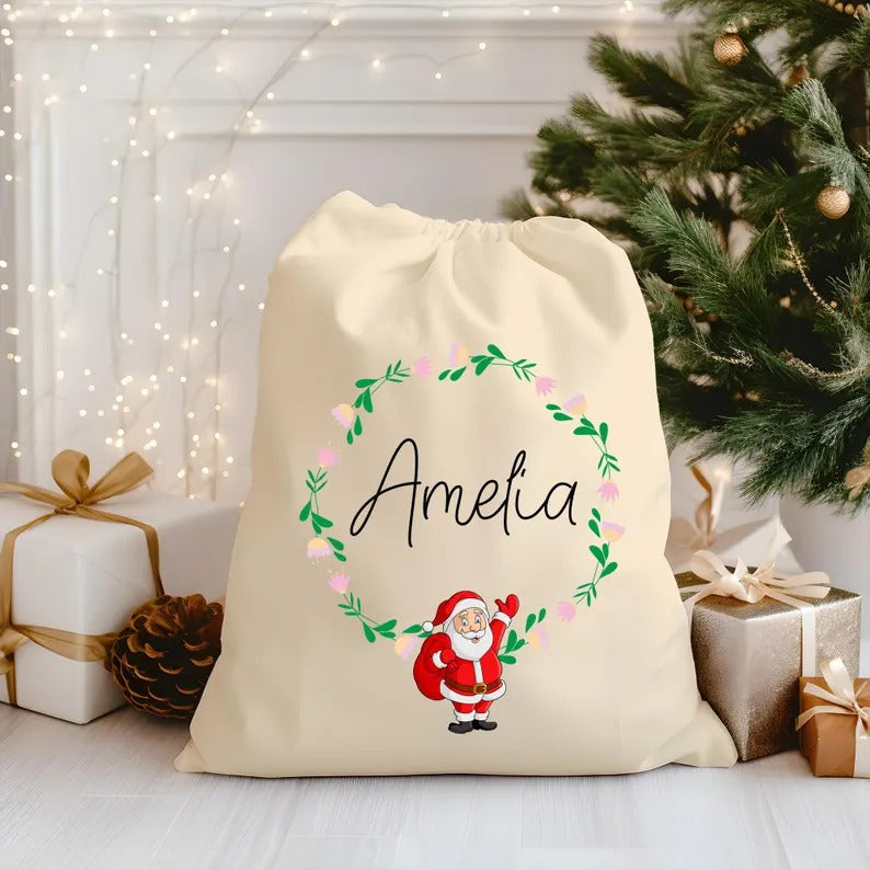 Custom Name Printed Christmas Sack, Personalised Monogrammed Santa Xmas Sacks, Christmas Santa Toy Sack for Kids, Xmas Holiday Decoration