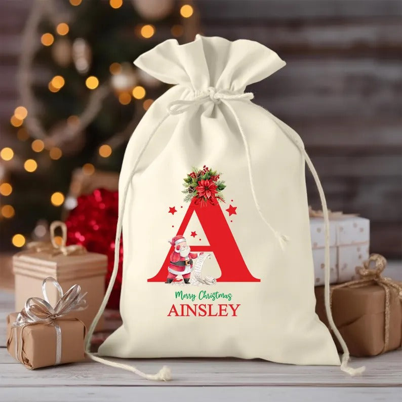 Personalised Christmas Sack, Custom Name & Initial Santa Christmas Sack, Monogrammed Christmas Toy Sack, Bag for Kids, First Christmas Gift