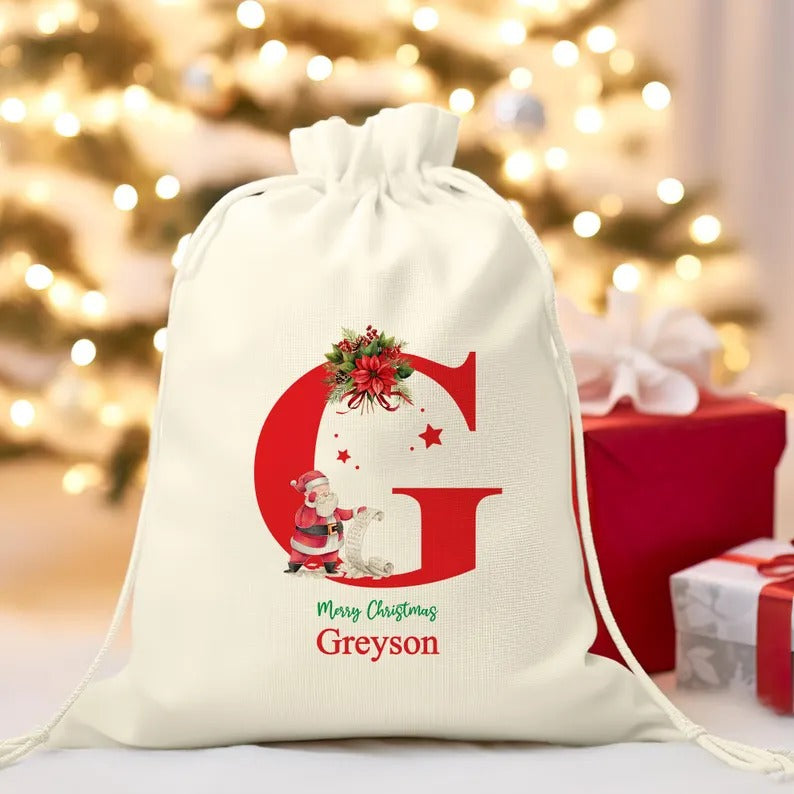 Personalised Christmas Sack, Custom Name & Initial Santa Christmas Sack, Monogrammed Christmas Toy Sack, Bag for Kids, First Christmas Gift