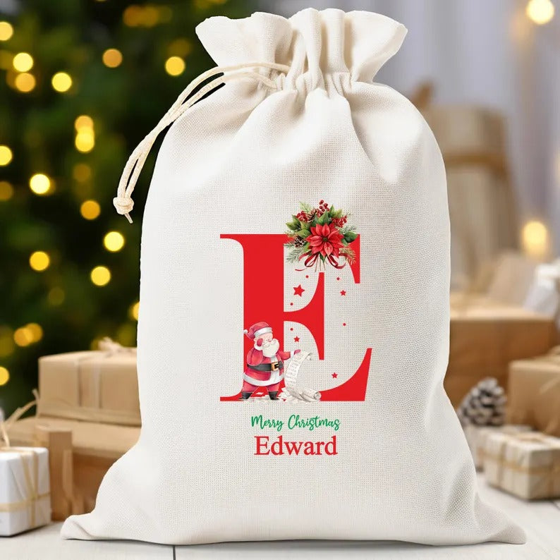 Personalised Christmas Sack, Custom Name & Initial Santa Christmas Sack, Monogrammed Christmas Toy Sack, Bag for Kids, First Christmas Gift