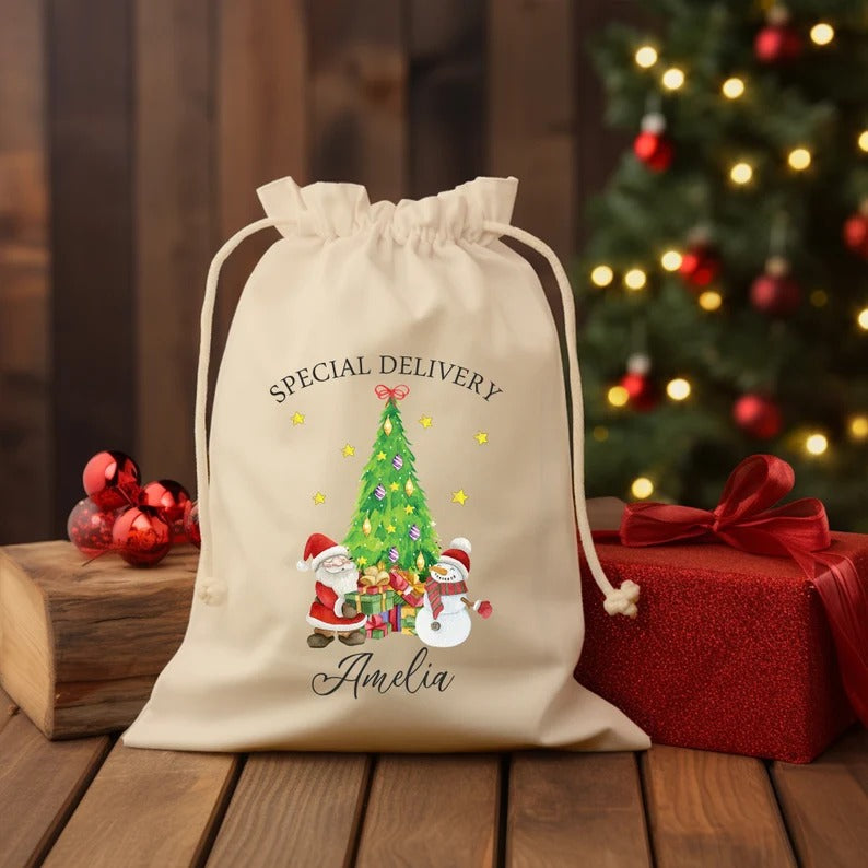 Personalised Christmas Toy Sacks, Custom Name Christmas Tree Printed Santa Sacks, Kids Xmas Toys Sack Bag, Christmas Gift Bag, Xmas Present