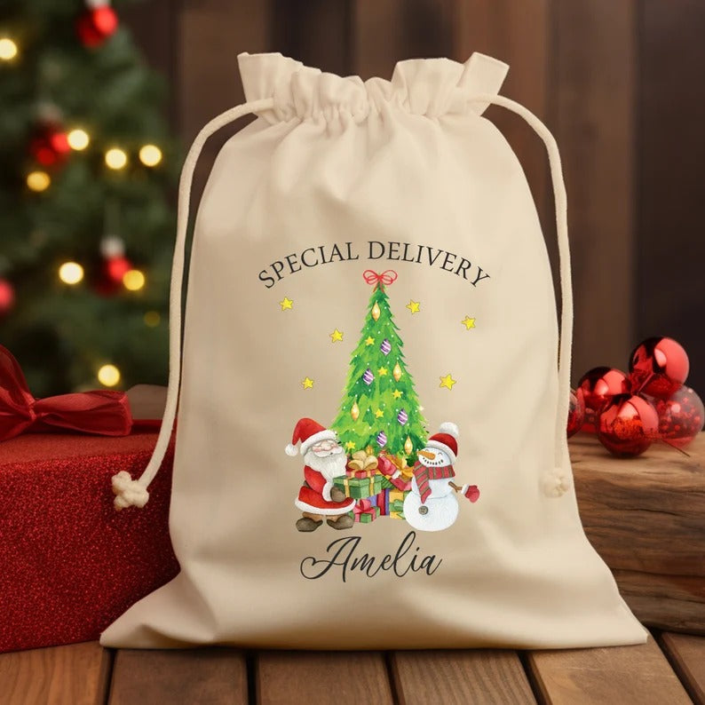 Personalised Christmas Toy Sacks, Custom Name Christmas Tree Printed Santa Sacks, Kids Xmas Toys Sack Bag, Christmas Gift Bag, Xmas Present