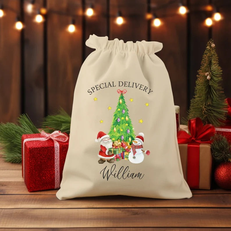 Personalised Christmas Toy Sacks, Custom Name Christmas Tree Printed Santa Sacks, Kids Xmas Toys Sack Bag, Christmas Gift Bag, Xmas Present