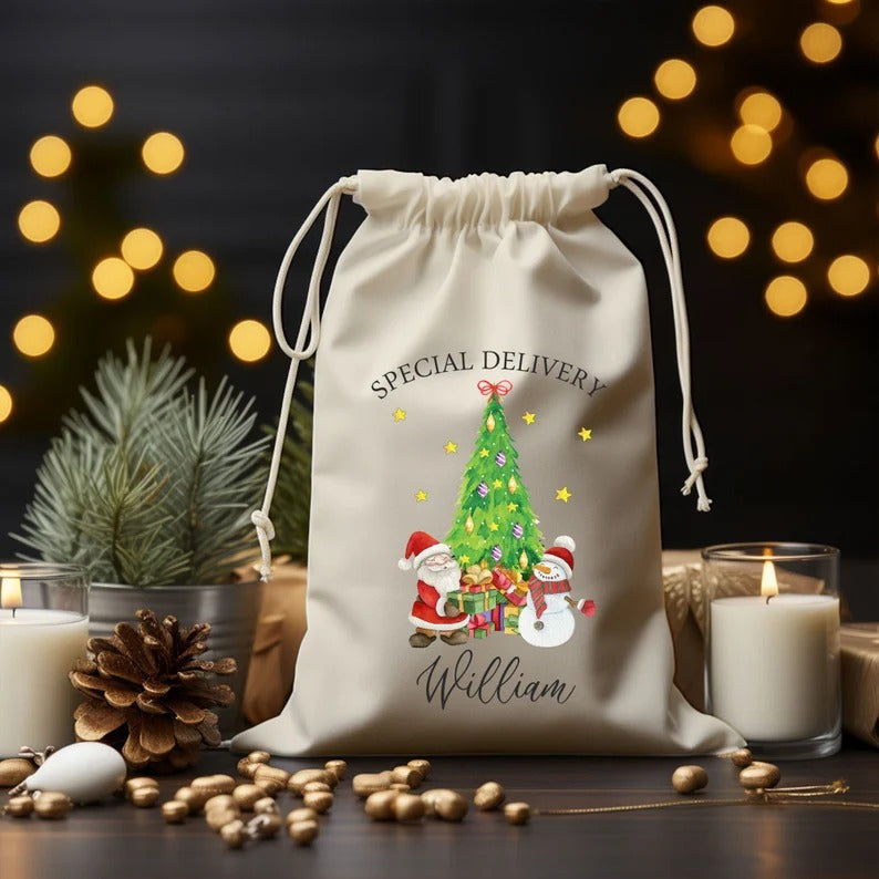 Personalised Christmas Toy Sacks, Custom Name Christmas Tree Printed Santa Sacks, Kids Xmas Toys Sack Bag, Christmas Gift Bag, Xmas Present