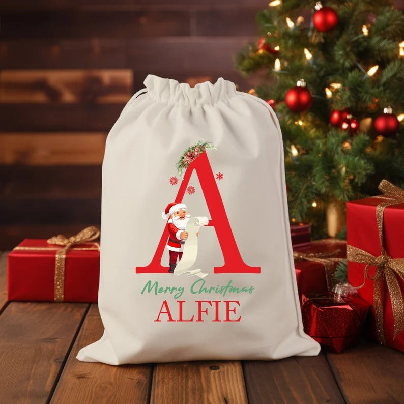 Personalised Santa Sack, Christmas Sack, Christmas Kids Toy Sack, Custom Name And Initial Printed Christmas Sacks Bags, Christmas Kids Gifts