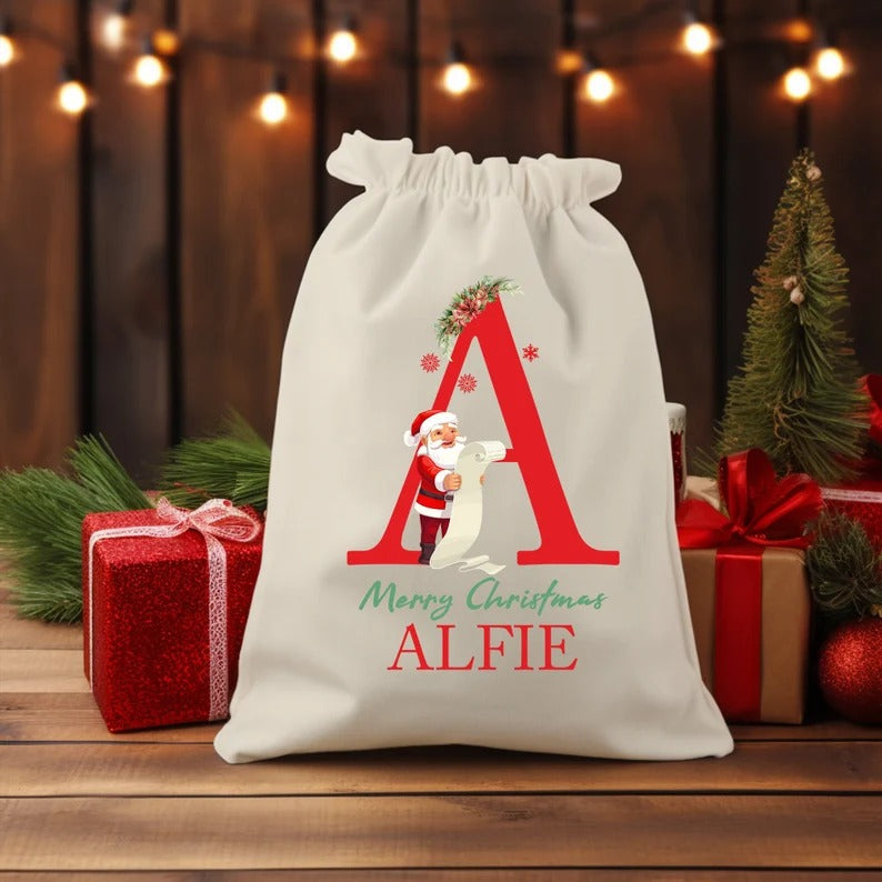 Personalised Santa Sack, Christmas Sack, Christmas Kids Toy Sack, Custom Name And Initial Printed Christmas Sacks Bags, Christmas Kids Gifts