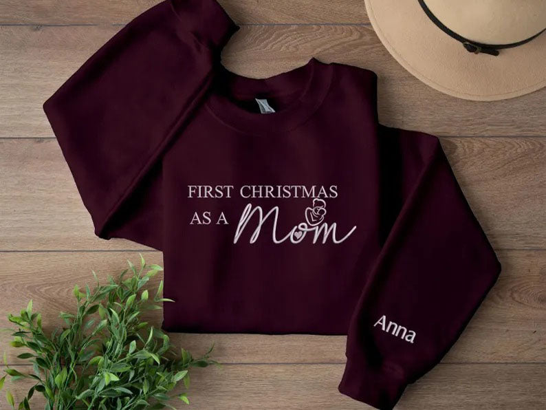 First Christmas as a Mom Sweatshirt, Mom First Christmas Embroidered Sweatshirt, Custom Name New Baby Announcement Jumper, Christmas Gifts