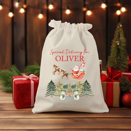 Christmas Toy Santa Sacks, Personalised Name Christmas Trees Printed Sacks, Baby's 1st Christmas Sack Bags, New Parents Christmas Gifts Bags