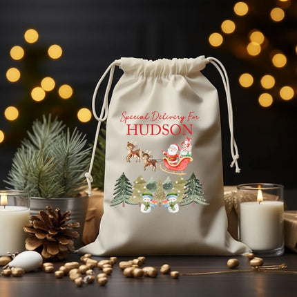 Christmas Toy Santa Sacks, Personalised Name Christmas Trees Printed Sacks, Baby's 1st Christmas Sack Bags, New Parents Christmas Gifts Bags