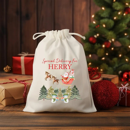 Christmas Toy Santa Sacks, Personalised Name Christmas Trees Printed Sacks, Baby's 1st Christmas Sack Bags, New Parents Christmas Gifts Bags