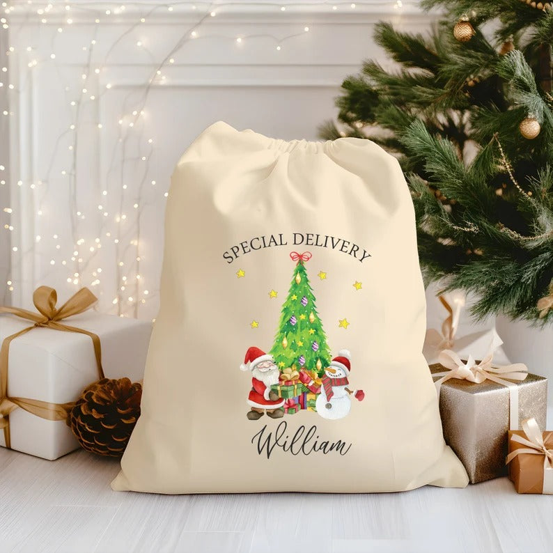 Personalised Christmas Toy Sacks, Custom Name Christmas Tree Printed Santa Sacks, Kids Xmas Toys Sack Bag, Christmas Gift Bag, Xmas Present