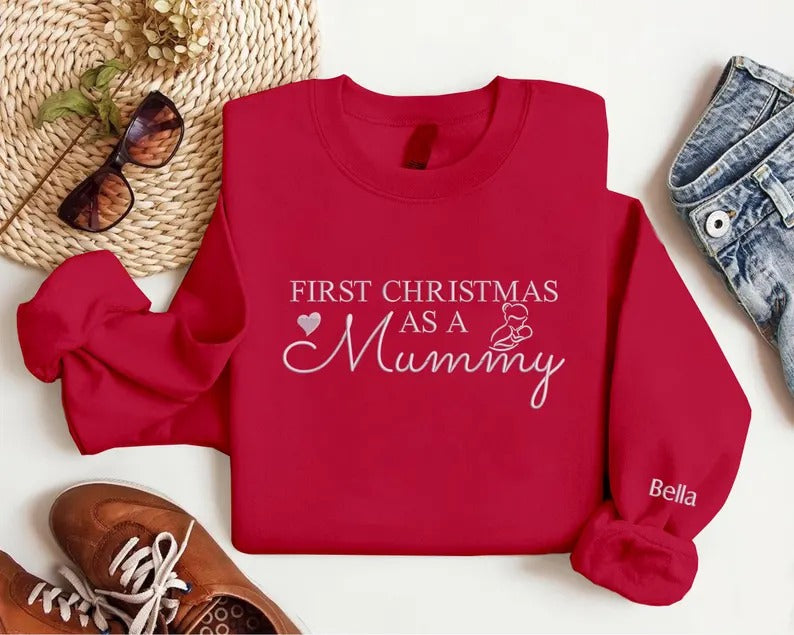 Embroidered Mummy First Christmas Sweatshirt, First Christmas as a Mummy Sweatshirt, Custom Name on Sleeve New Mom Jumper, Xmas Gift for Mom