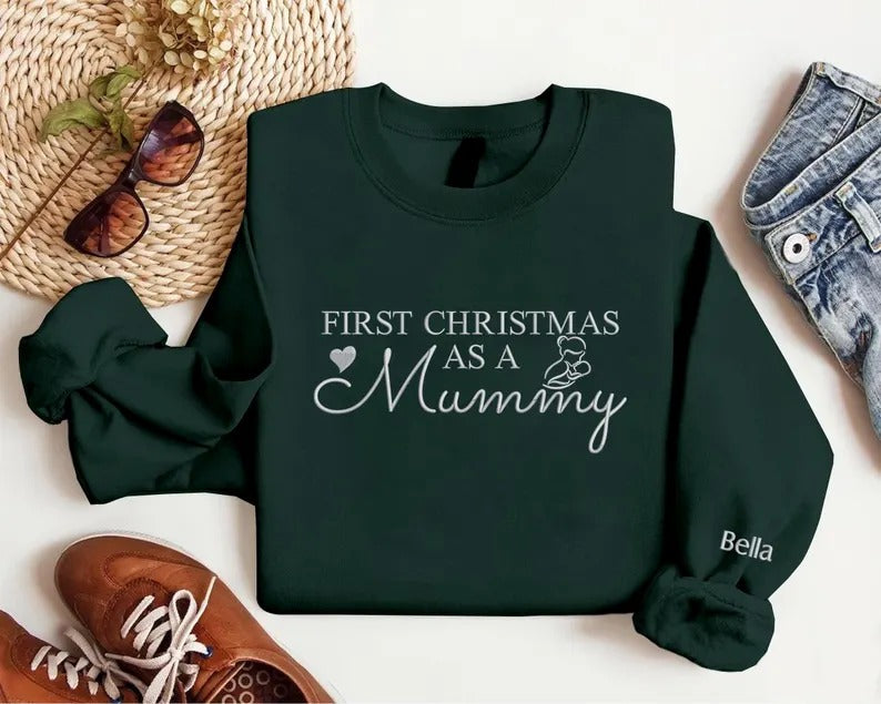 Embroidered Mummy First Christmas Sweatshirt, First Christmas as a Mummy Sweatshirt, Custom Name on Sleeve New Mom Jumper, Xmas Gift for Mom