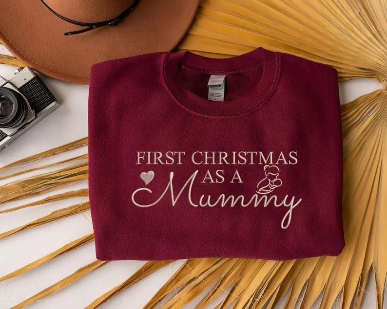 Embroidered Mummy First Christmas Sweatshirt, First Christmas as a Mummy Sweatshirt, Custom Name on Sleeve New Mom Jumper, Xmas Gift for Mom