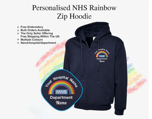 Embroidered Rainbow Nurse Zip Up Hoodie, Personalised Hospital/Department Name Monogrammed Hoodies, Medical Students Outfits, Nursing Gifts