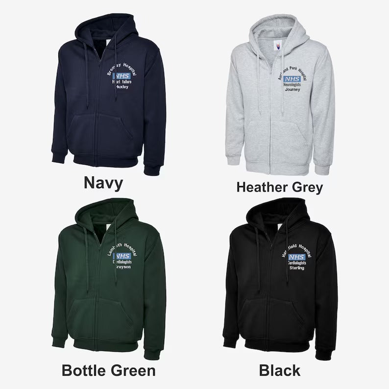 NHS Hoodie, Custom Department/Hospital Name Nurse Zip UP Hooded Jumper, Healthcare Worker Uniform, Free Embroidery