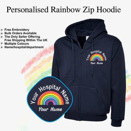 Embroidered Zip Up Hoodie for Nurse, Personalised Name Rainbow Monogrammed Nurse Hooded Jumper, Doctor Nurses Outfit, Healthcare Worker Gift