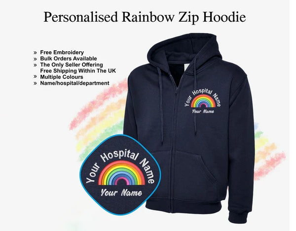 Embroidered Zip Up Hoodie for Nurse, Personalised Name Rainbow Monogrammed Nurse Hooded Jumper, Doctor Nurses Outfit, Healthcare Worker Gift