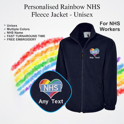 Embroidered Nurse NHS Fleece Jackets, Rainbow Heart Monogrammed Nurse Jackets, Personalised Name Medical Staff Uniforms