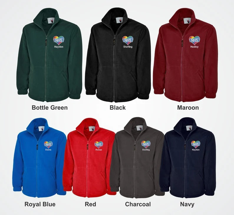 Embroidered Nurse NHS Fleece Jackets, Rainbow Heart Monogrammed Nurse Jackets, Personalised Name Medical Staff Uniforms