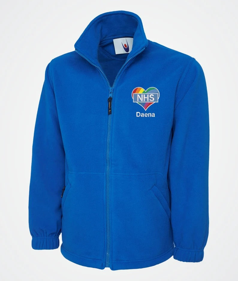 Embroidered Nurse NHS Fleece Jackets, Rainbow Heart Monogrammed Nurse Jackets, Personalised Name Medical Staff Uniforms